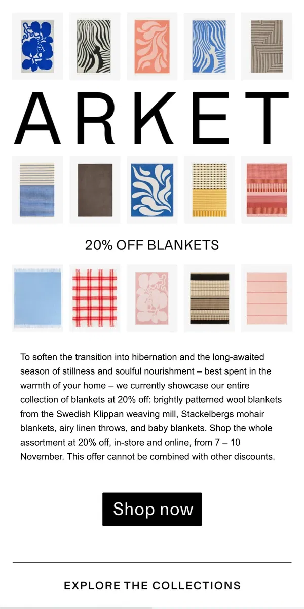 Email from ARKET. 20% off all blankets