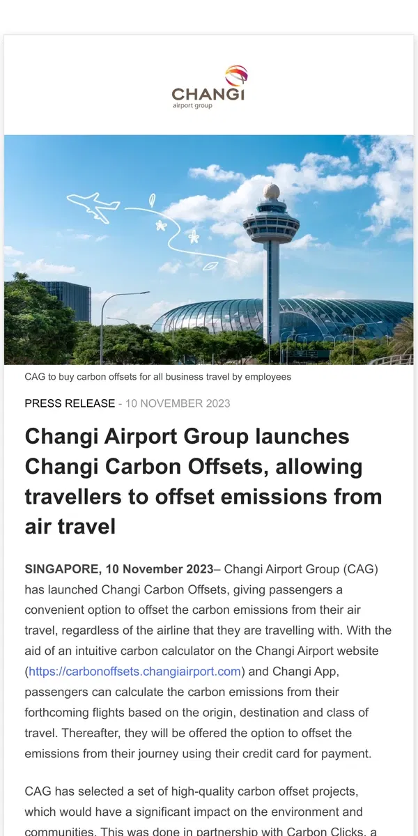 Email from Changi Airport. Changi Airport Group launches Changi Carbon Offsets, allowing travellers to offset emissions from air travel