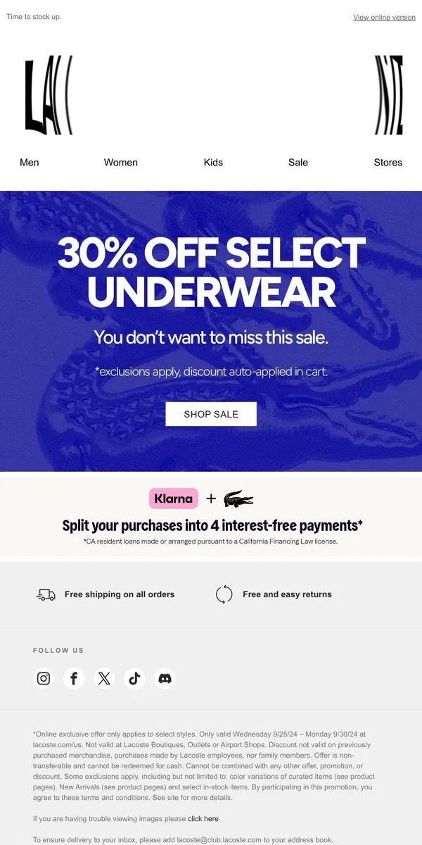 Email from Lacoste. 30% Off Select Underwear