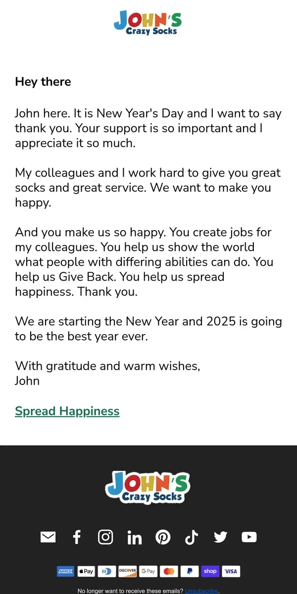 Email from John's Crazy Socks. Thank You for Spreading Joy ❤️