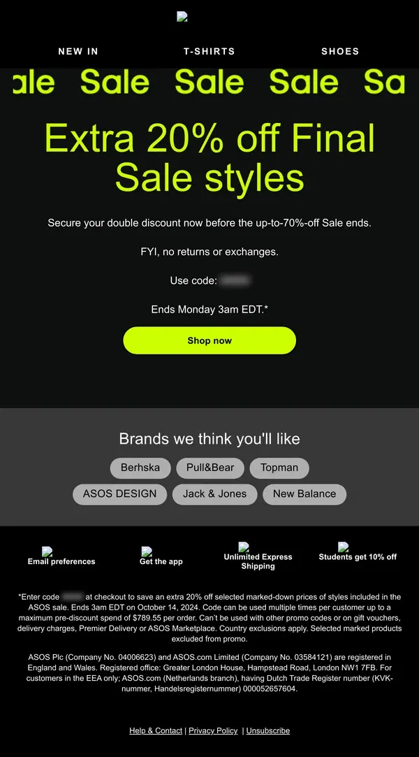 Email from ASOS. Last chance: extra 20% off Final Sale