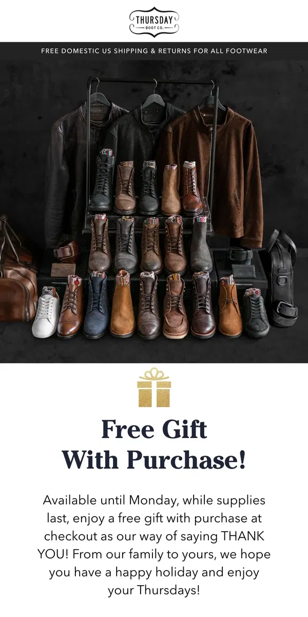 Email from Thursday Boot Company. Our Way Of Saying Thanks! 🎁🦃