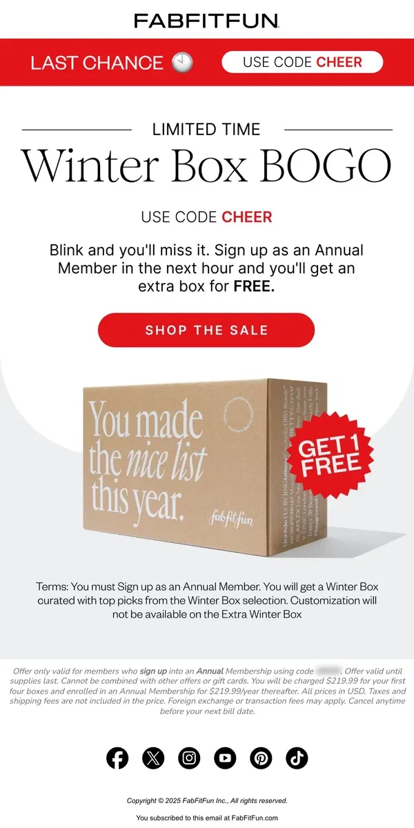 Email from FabFitFun. Last call for BOGO!