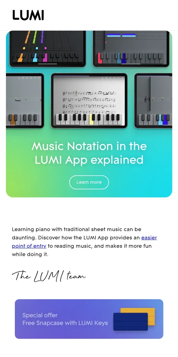 Email from LUMI. Music notation in the LUMI app explained 🎼