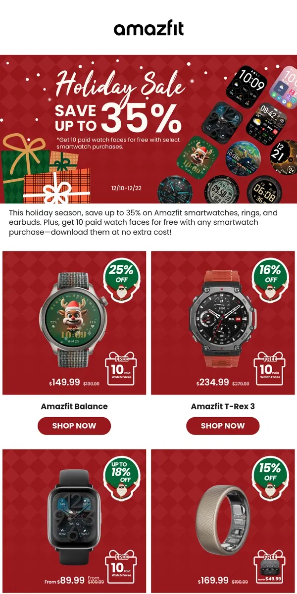 Email from Amazfit. Save Up to 35% + 10 Paid Watch Faces Free This Holiday!