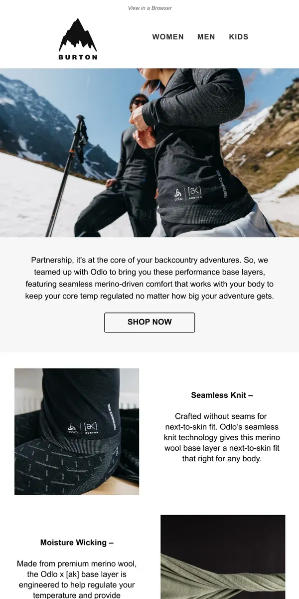 Email from Burton. Odlo x [ak]® Base Layers