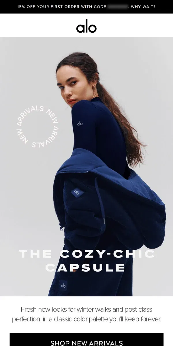 Email from Alo Yoga. NEW DROP: THE COZY-CHIC CAPSULE