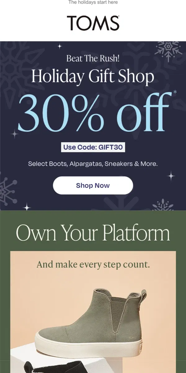 Email from TOMS. Make every step count | ICYMI: 30% OFF