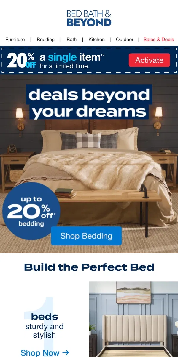 Email from Bed Bath & Beyond. Up to 20% off to Build Your Bed 🛏️