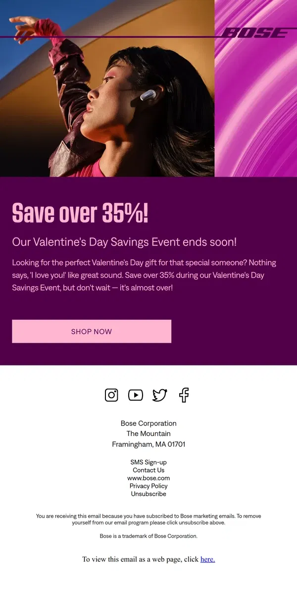 Email from Bose. Ending soon! Save over 35% for Valentine's Day!