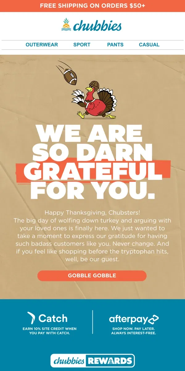 Email from Chubbies Shorts. Happy Thanksgiving