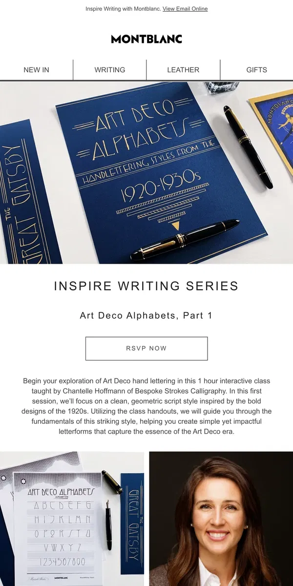 Email from Montblanc. Join our Next Inspire Writing Class, Art Deco Alphabets!