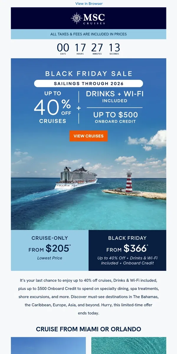 Email from MSC Cruises. This Is It! Black Friday Savings Ends Today