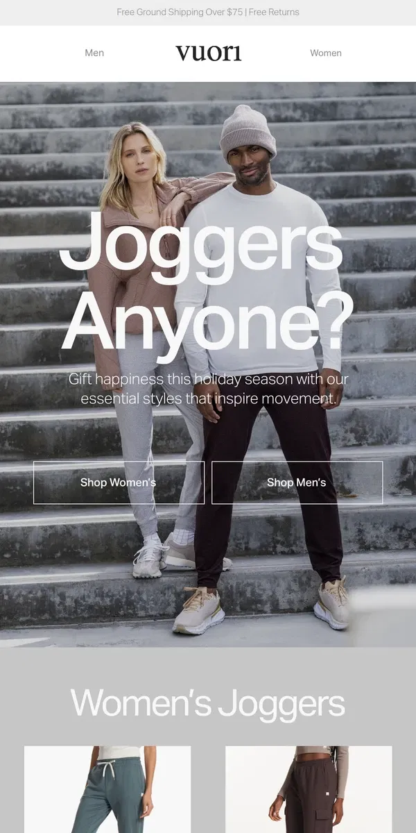 Email from Vuori. The can't-miss gift: Vuori Joggers