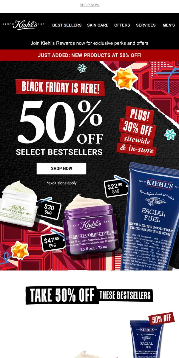 Email from Kiehl's. 🖤30% Off SITEWIDE (+50% Off NEW Bestsellers) For Black Friday🖤