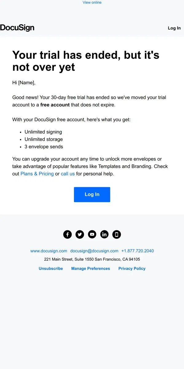 Email from DocuSign. DocuSign account update