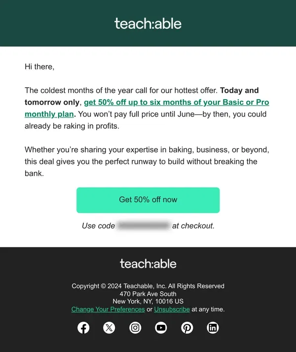 Email from Teachable. 🌓 Half a year at half the price