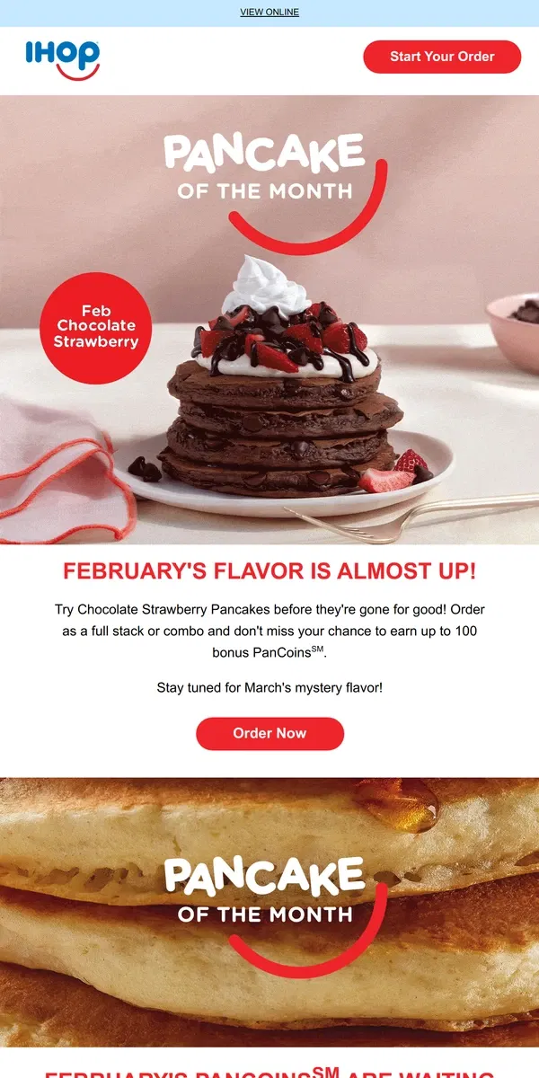 Email from IHOP. 🍫🍓Hurry before Chocolate Strawberry Pancakes are gone!