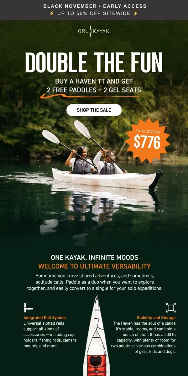 Email from Oru Kayak. Explore More, Together: $400 off Haven TT + 4 FREE Gifts