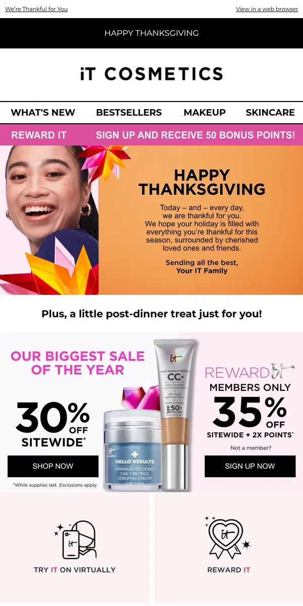 Email from IT Cosmetics. Happy Thanksgiving from IT Cosmetics