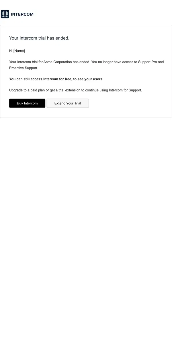 Email from Intercom. [Name], your Intercom trial has ended