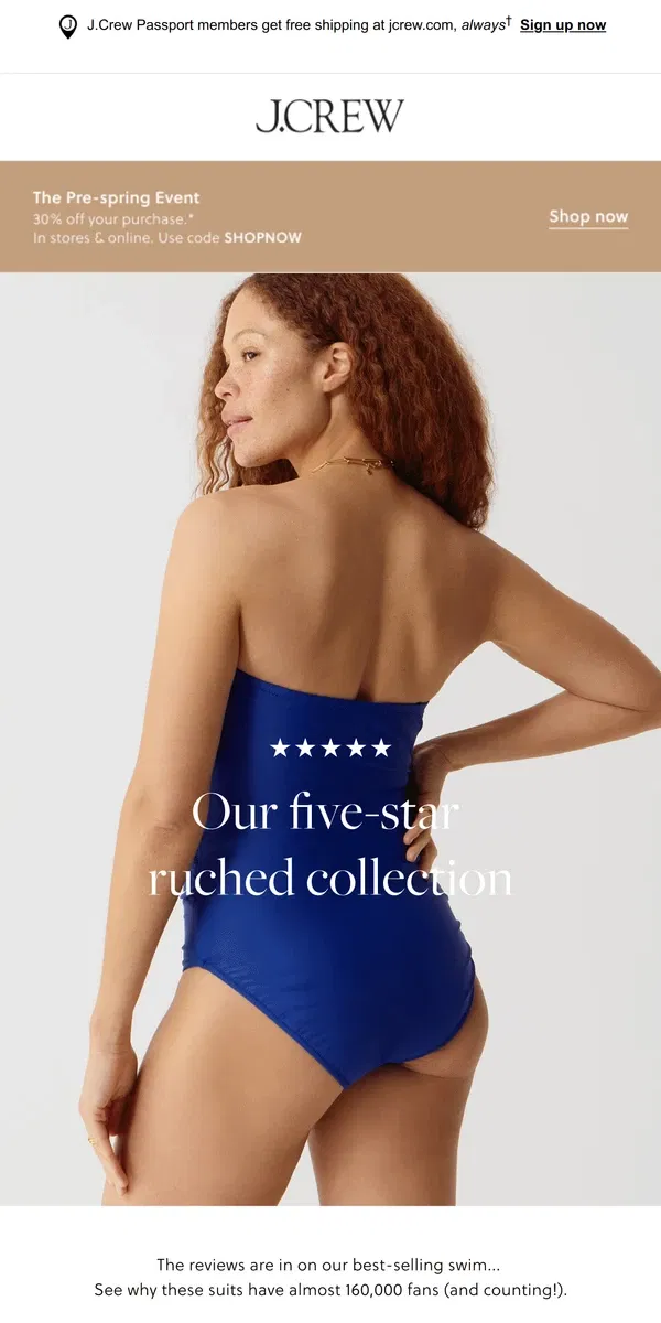 Email from J.Crew. 30% off ruched swim, for a limited time