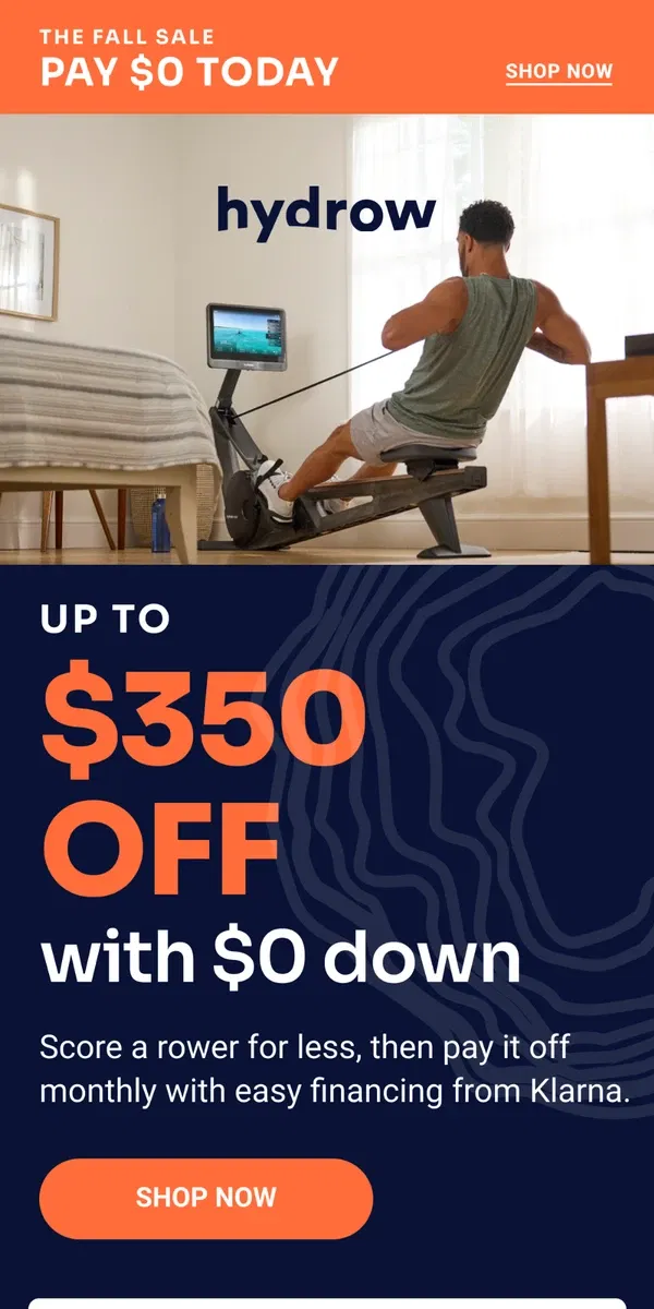 Email from Hydrow. Skip the gym. And put $0 down today.