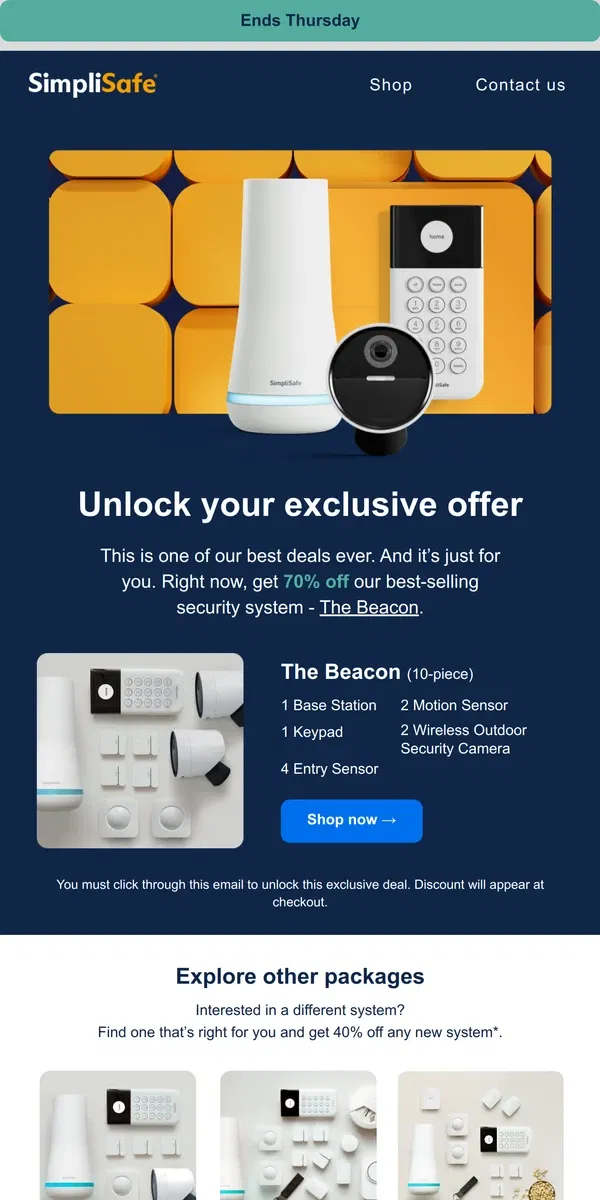 Email from SimpliSafe. Your VIP offer - 70% off our most popular package