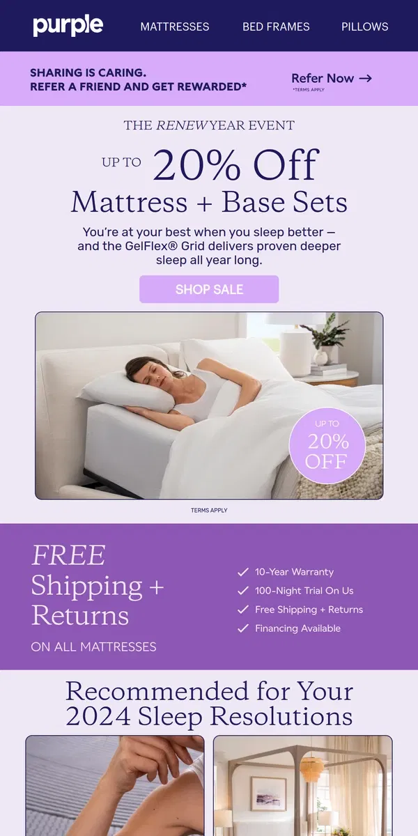 Email from Purple. Renew Year Event: Up to 20% Off Mattress + Base Sets