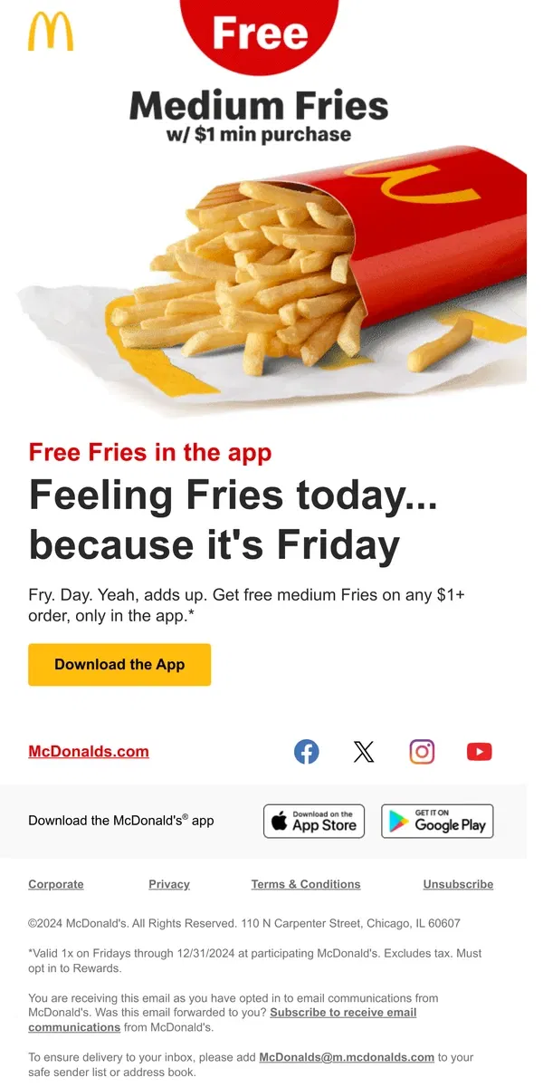 Email from McDonald's. it’s free fries Friday