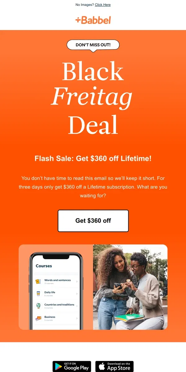 Email from Babbel. $360 off Lifetime? Black Friday is here.