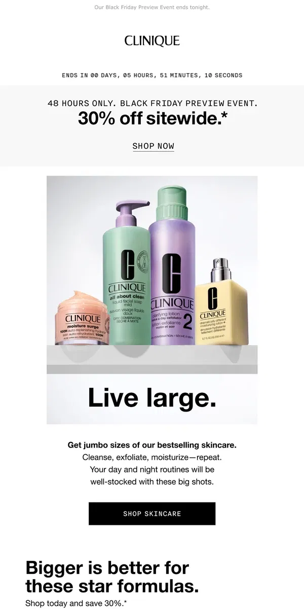 Email from Clinique. Hurry up and stock up. Jumbo-sized skincare 30% off.