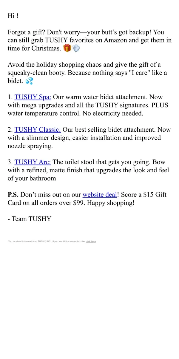 Email from TUSHY. Get Your TUSHY Favorites in Time for Christmas!