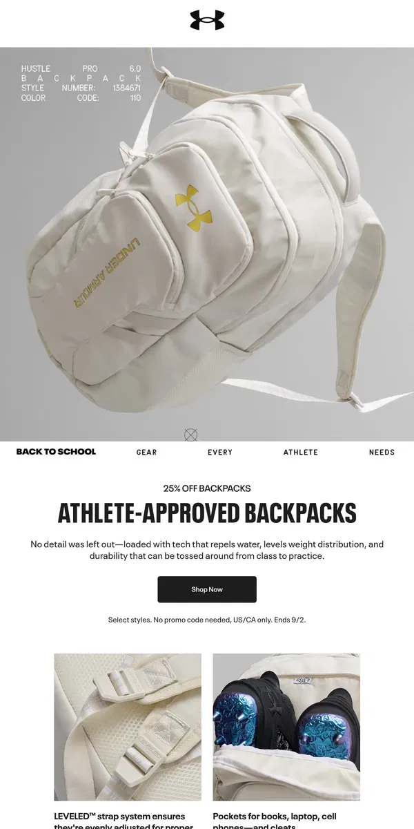 Email from Under Armour. Ending Soon: 25% off athlete-approved backpacks