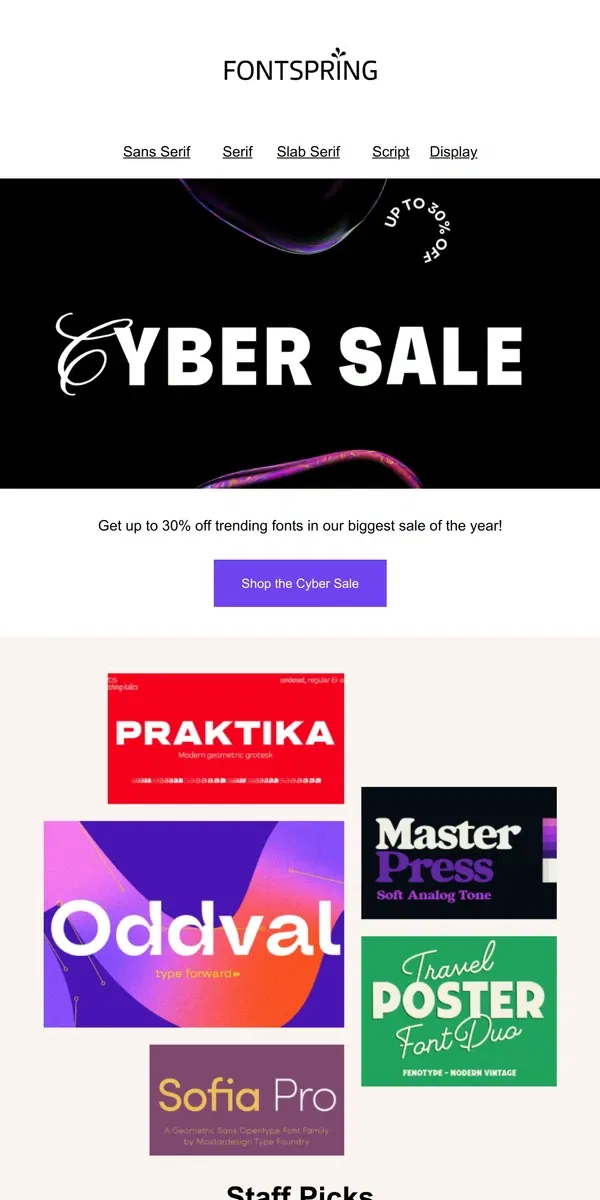 Email from Fontspring. Cyber Sale starts now!