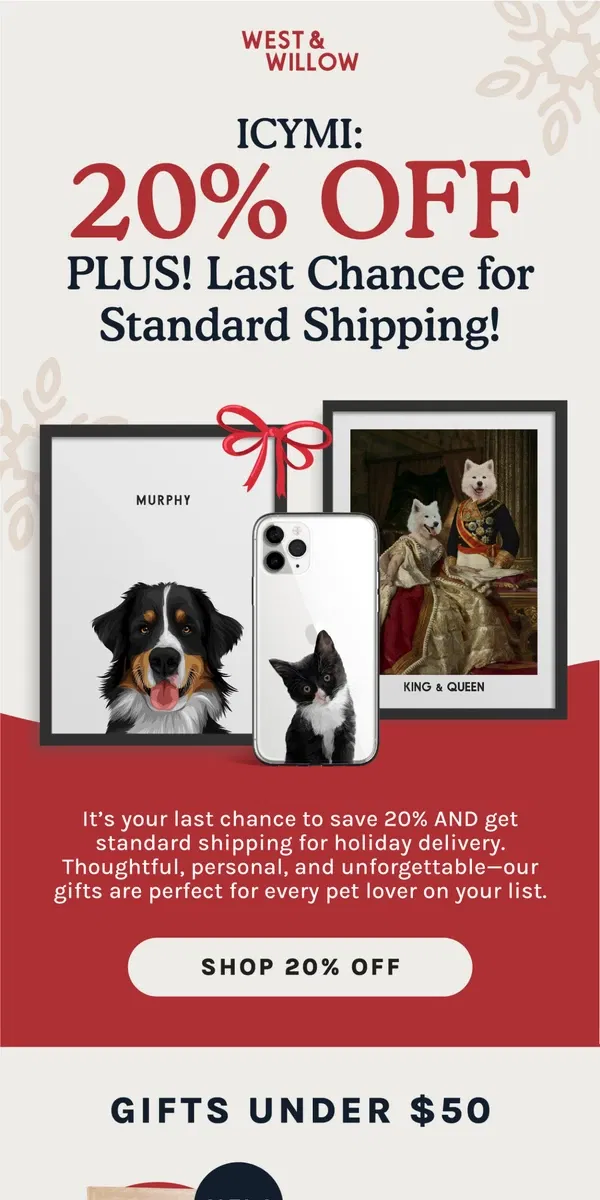 Email from West & Willow. Last Call! Order NOW for standard shipping + 20% OFF! 🎄