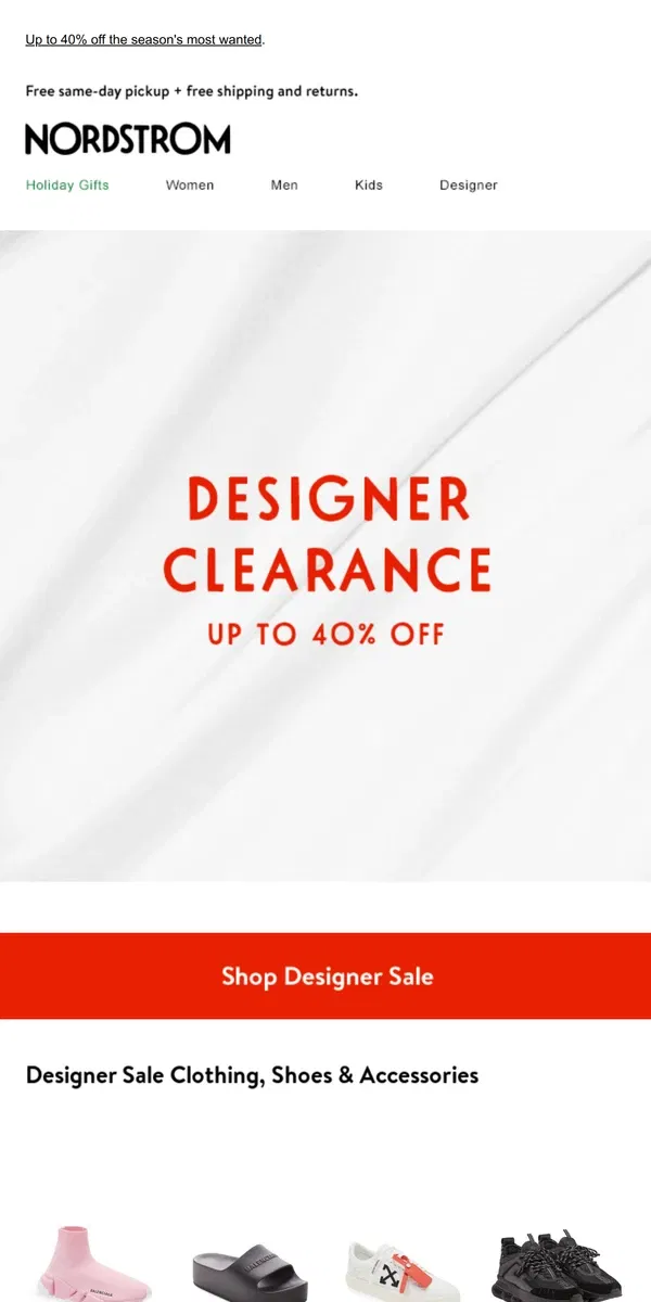 Email from Nordstrom. Designer Clearance is on