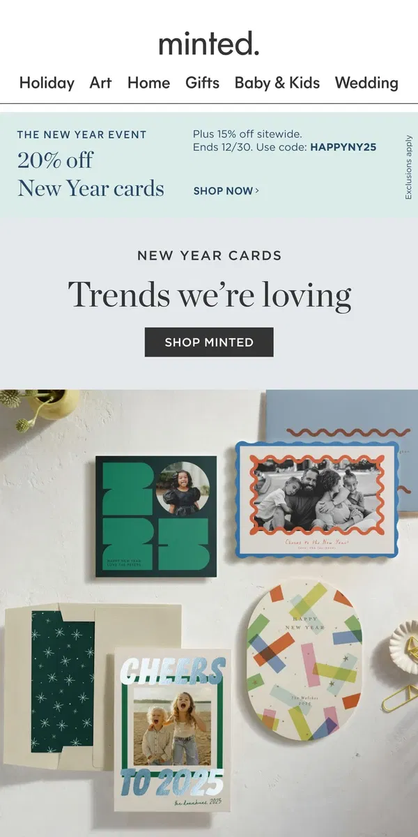 Email from Minted. Our 2025 New Year card trends are here!