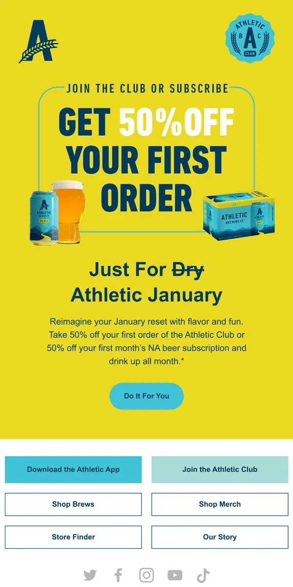 Email from Athletic Brewing Co. New Year, New Cheers – 50% Off Inside 🍺