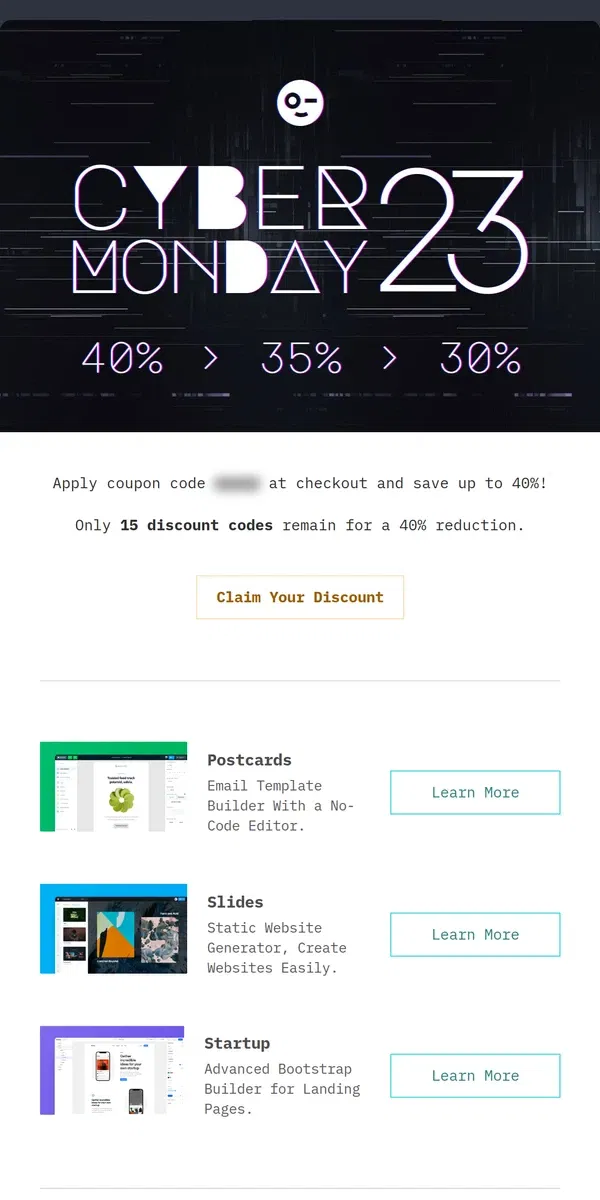 Email from Designmodo. Cyber Monday Special: Limited number of coupons left!