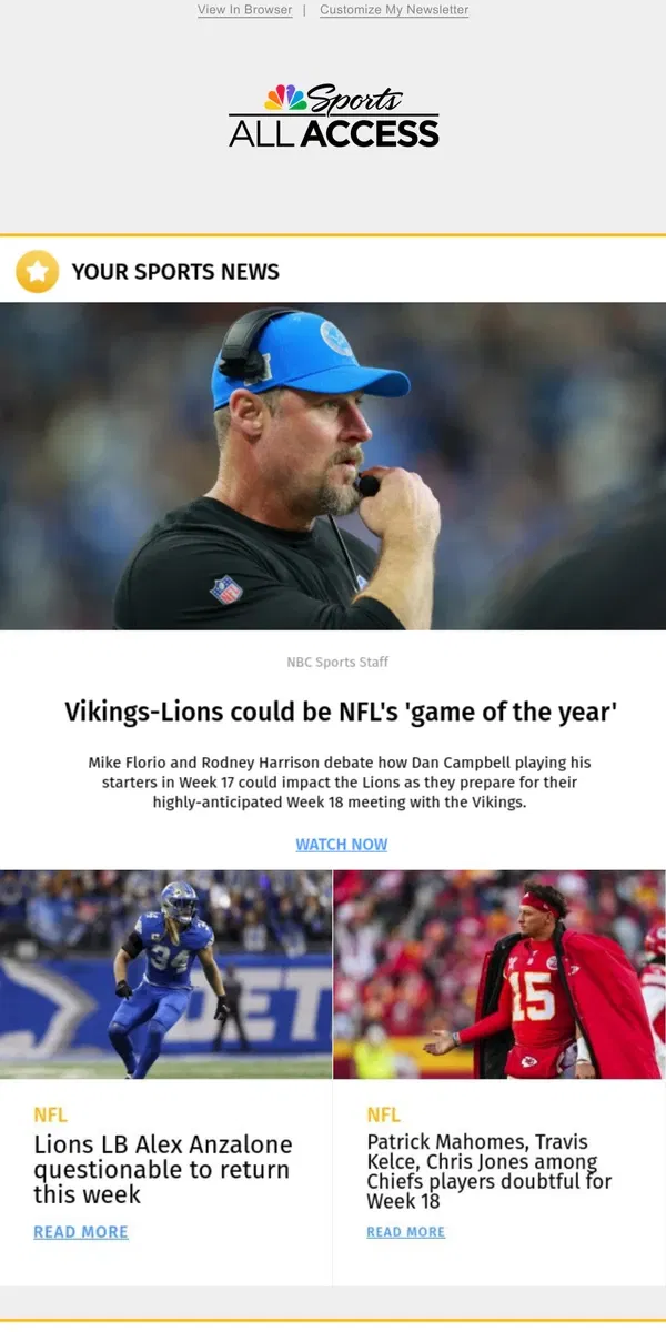 Email from NBC Sports. Vikings-Lions could be NFL's 'game of the year'