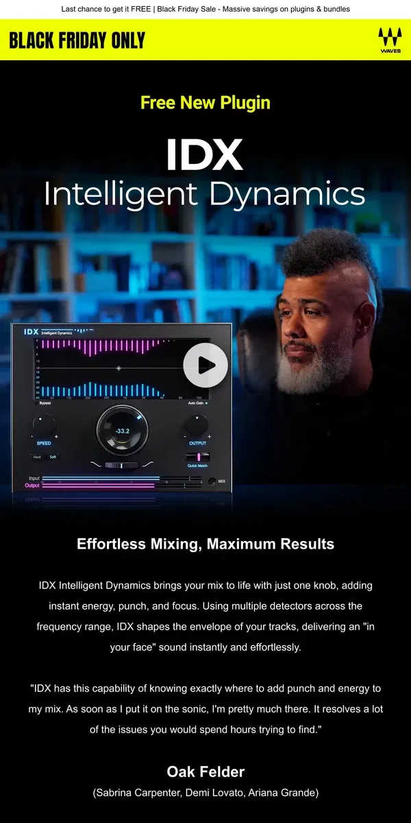 Email from Waves Audio. FREE New Plugin 🎙️ IDX Intelligent Dynamics