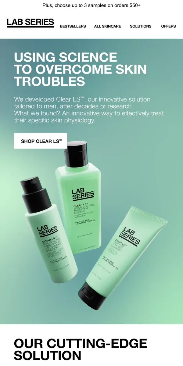 Email from Lab Series. Clear LS: Our innovative solution tailored to men