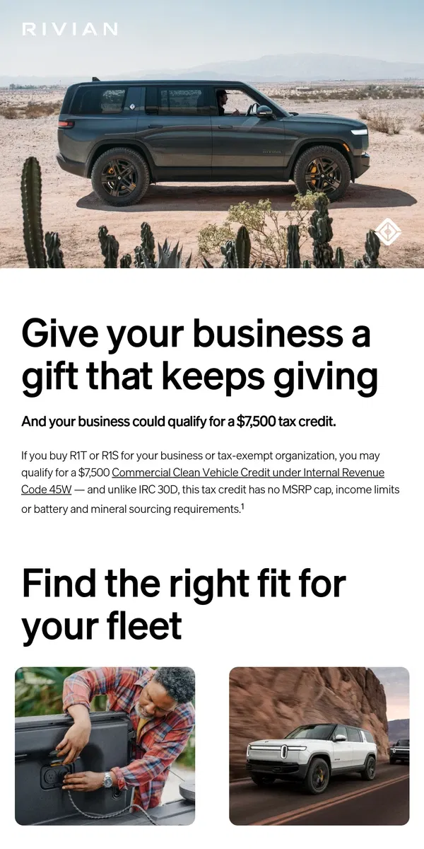 Email from Rivian. Want a Rivian for your business?