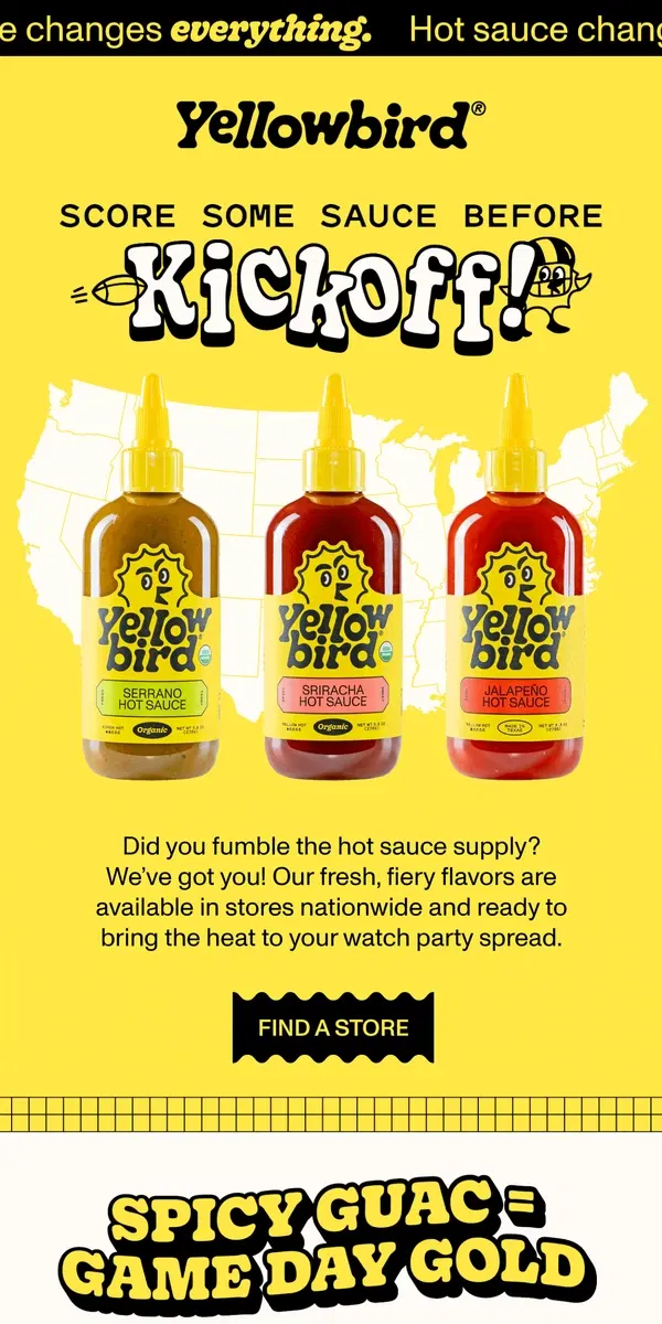 Email from Yellowbird. Don’t Fumble the Flavor 🌶️🥑