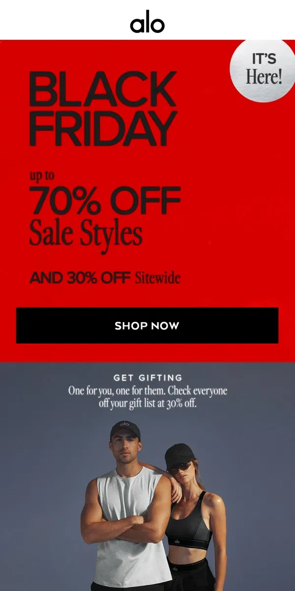 Email from Alo Yoga. 30% OFF SITEWIDE! Get gifting ASAP.