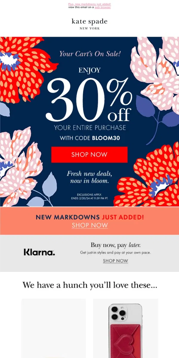 Email from Kate Spade. Use code BLOOM30 for 30% off your cart