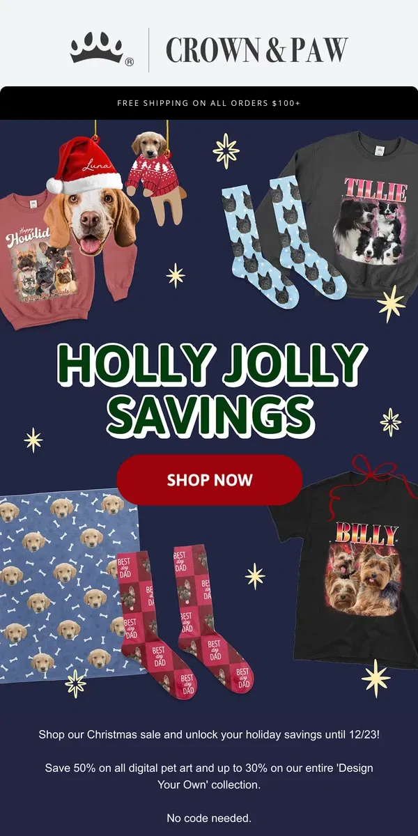 Email from Crown & Paw. A Holly Jolly Christmas Sale ⛄️ 🎄