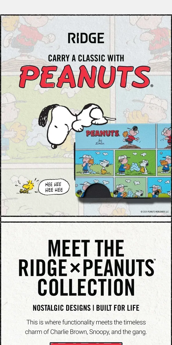 Email from The Ridge. Meet the Ridge x Peanuts Collection