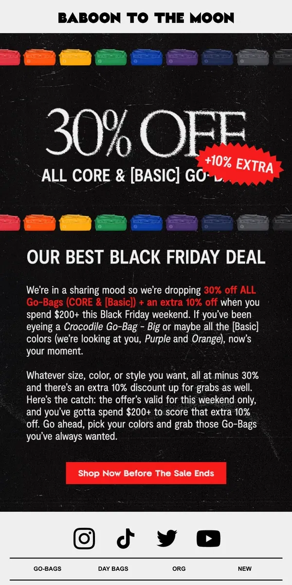 Email from Baboon To The Moon. BLACK FRIDAY ALERT: 30% OFF GO-BAGS + 10% EXTRA! THIS WEEKEND ONLY